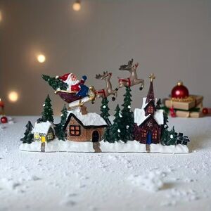 Santa w Sleigh & Reindeer over Church Resin Holiday Tabletop Decor, 3.4" x 6.7"